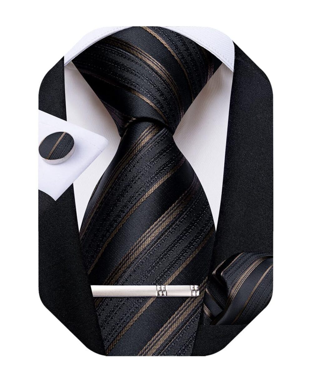 2111 Striped Tie Silk Woven Necktie and Pocket Square Cufflinks Tie Clip